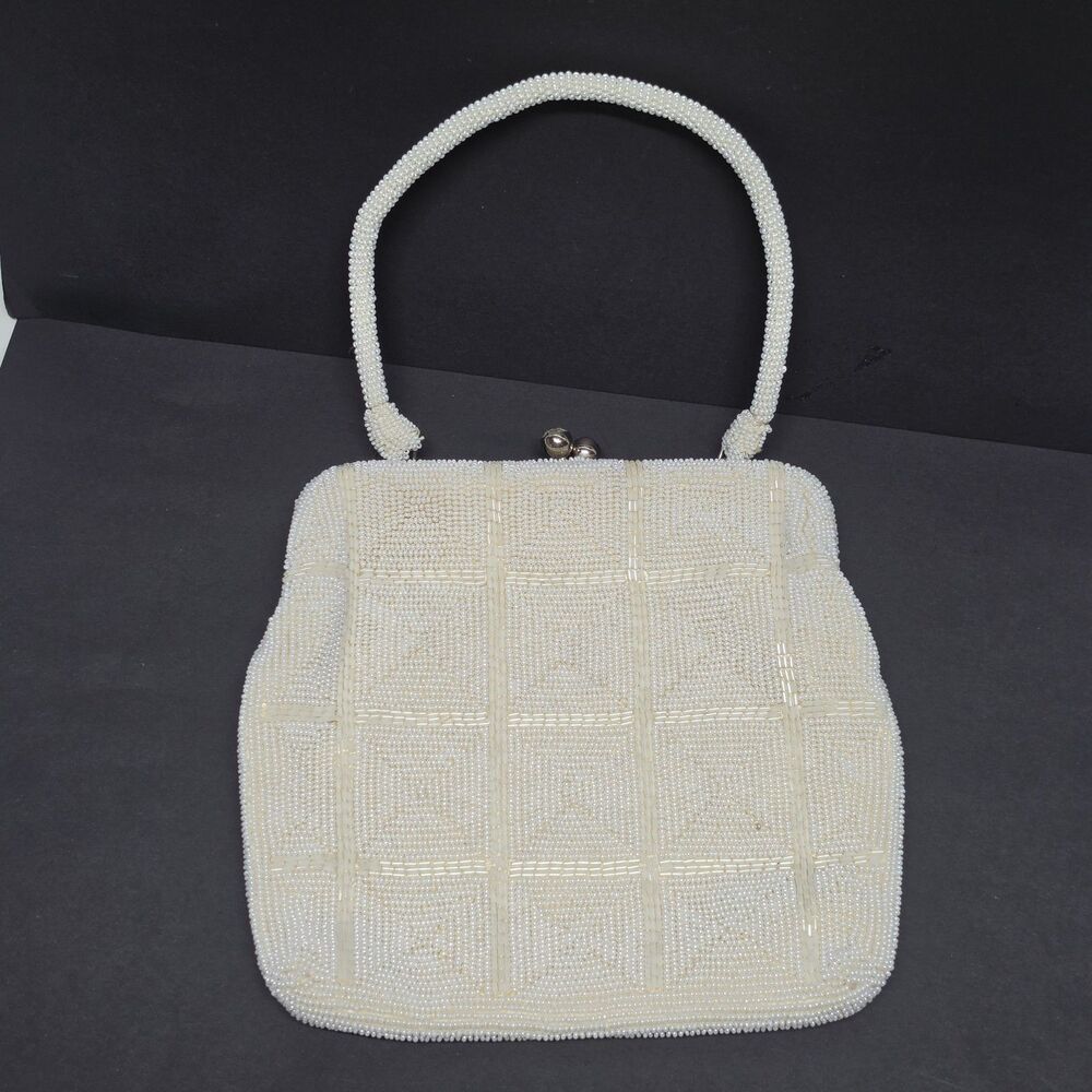Vintage Debbie Ivory Beaded Purse Handmade In Japan Rhinestone Kisslock Wedding